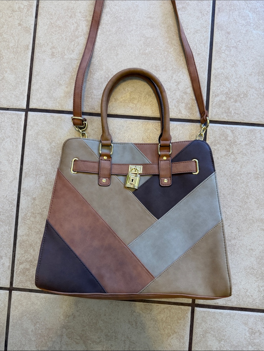 Patchwork Multicolor Tote Bag - Brown/Taupe/Gray